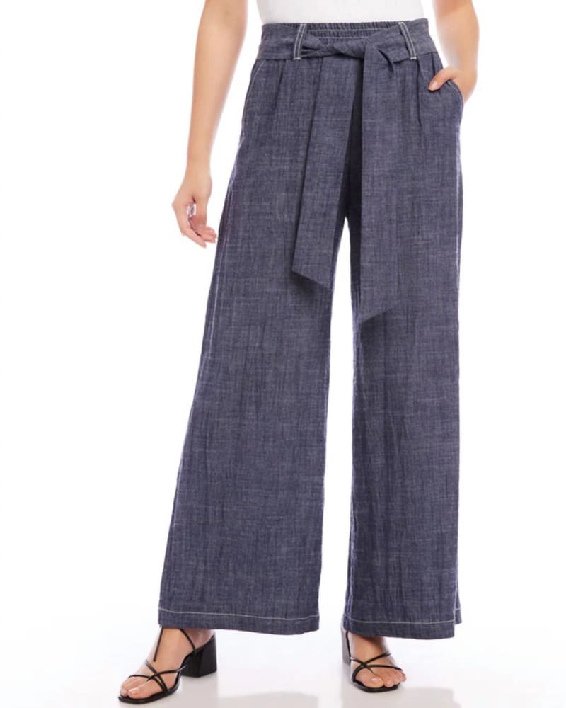 Front of a model wearing a size L Belted Wide Leg Pants in Indigo in Indigo by Karen Kane. | dia_product_style_image_id:332207